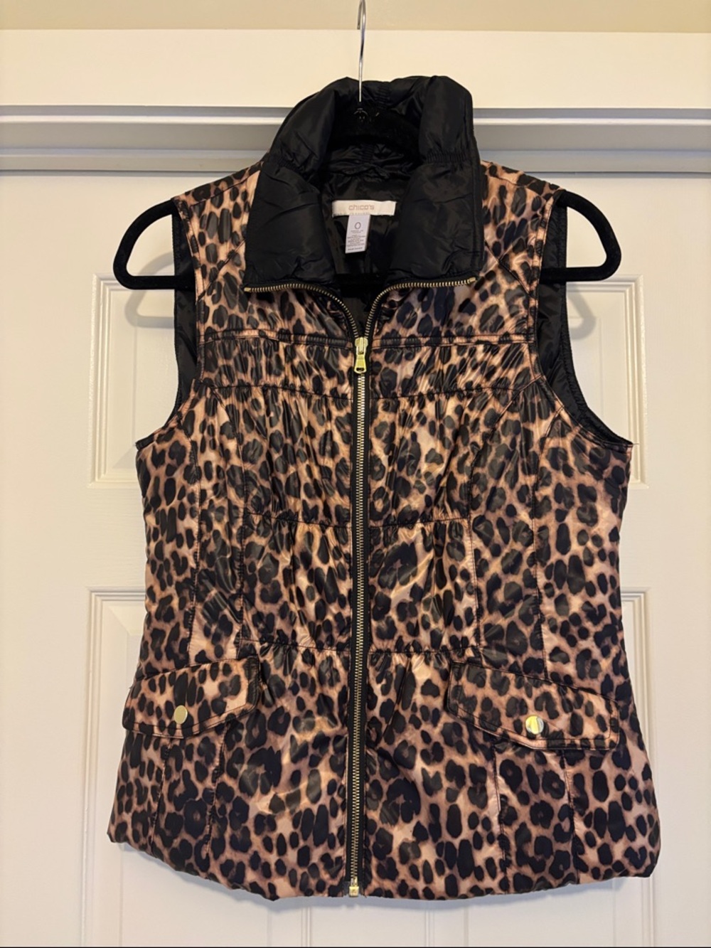 Chico's Black and Leopard Quilted Zip-Front Vest